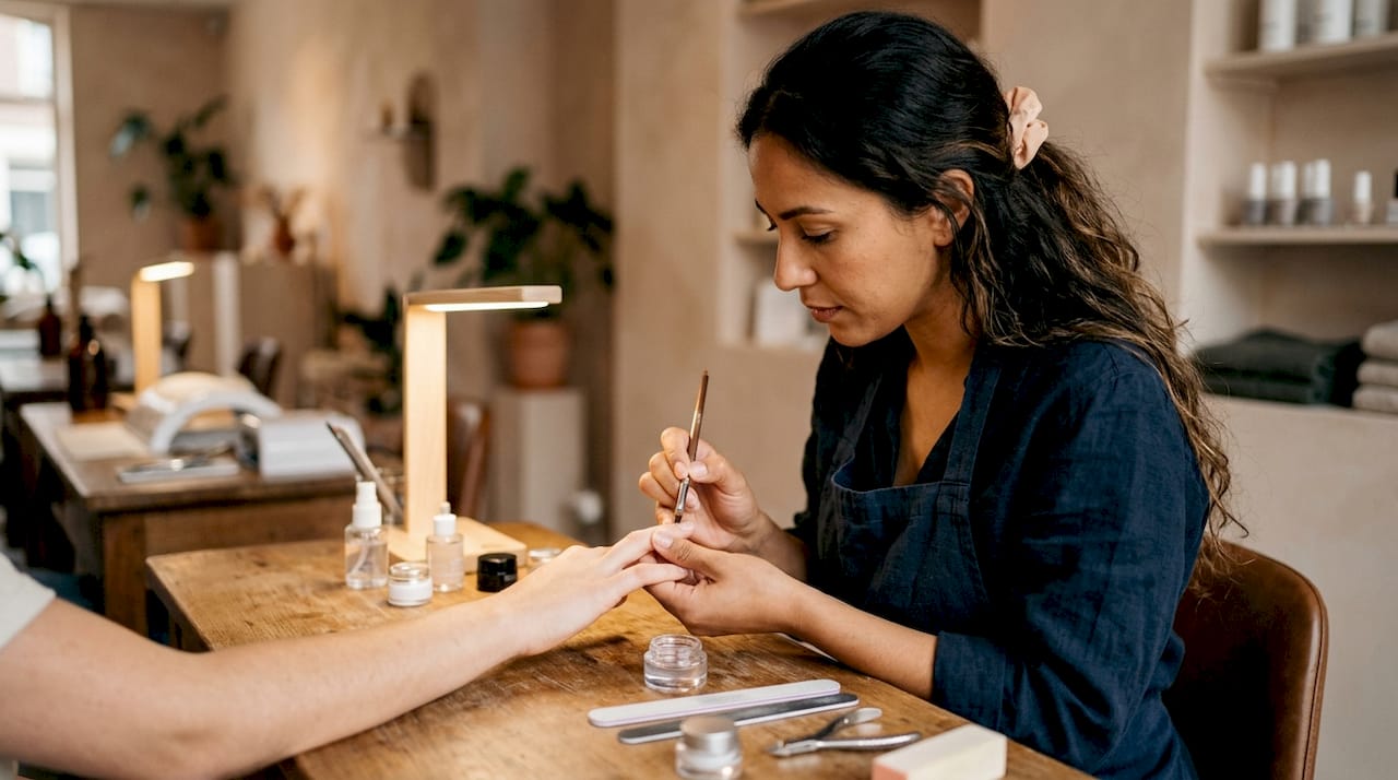 Een nagelstyliste brengt builder gel aan op een natuurlijke nagel.
