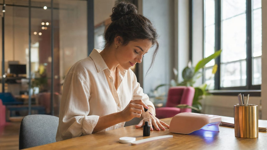 Een vrouw die thuis zelf gelnagellak aanbrengt