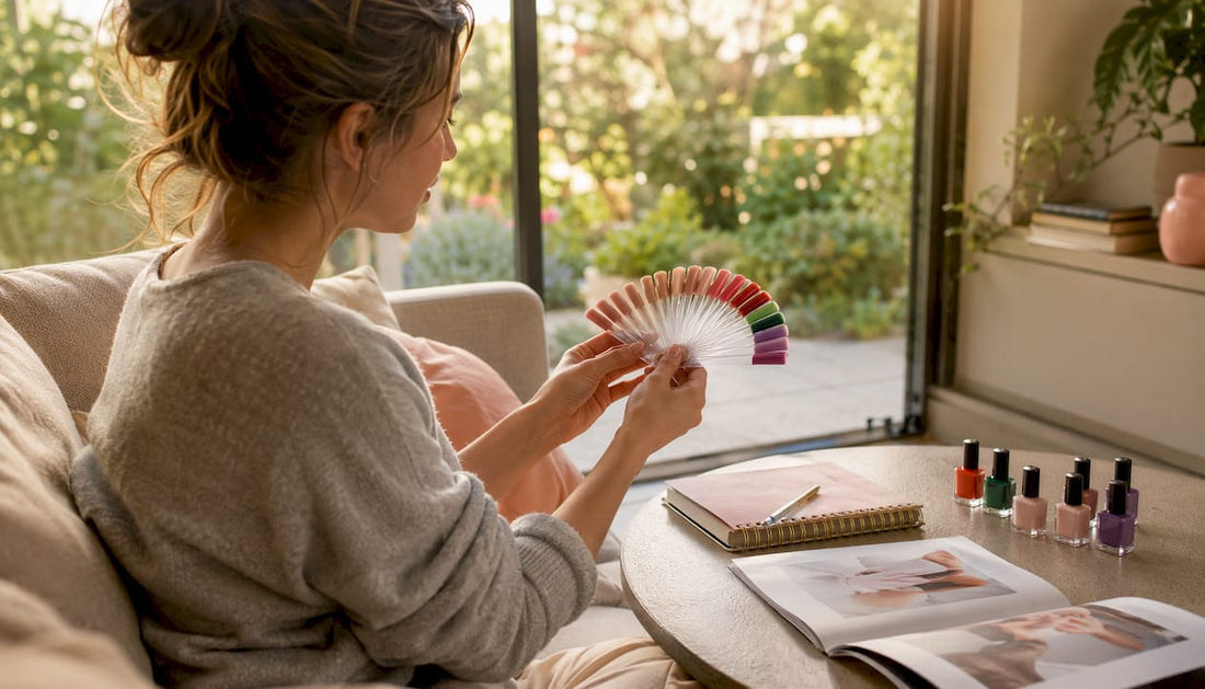 Een vrouw doet inspiratie op voor trendy nagellakkleuren terwijl ze relaxed in haar woonkamer zit.