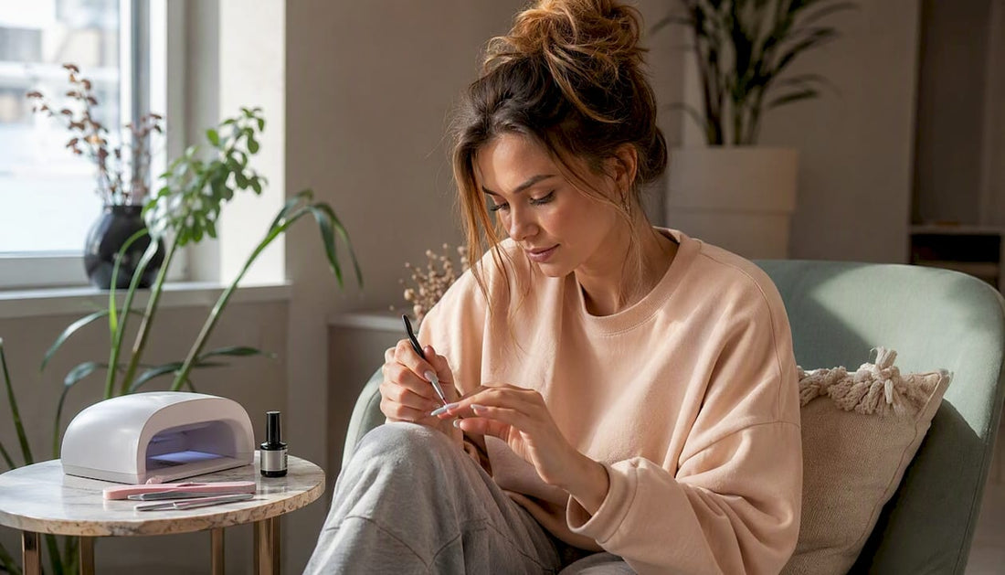Een vrouw geeft zichzelf thuis een French manicure met gellak.