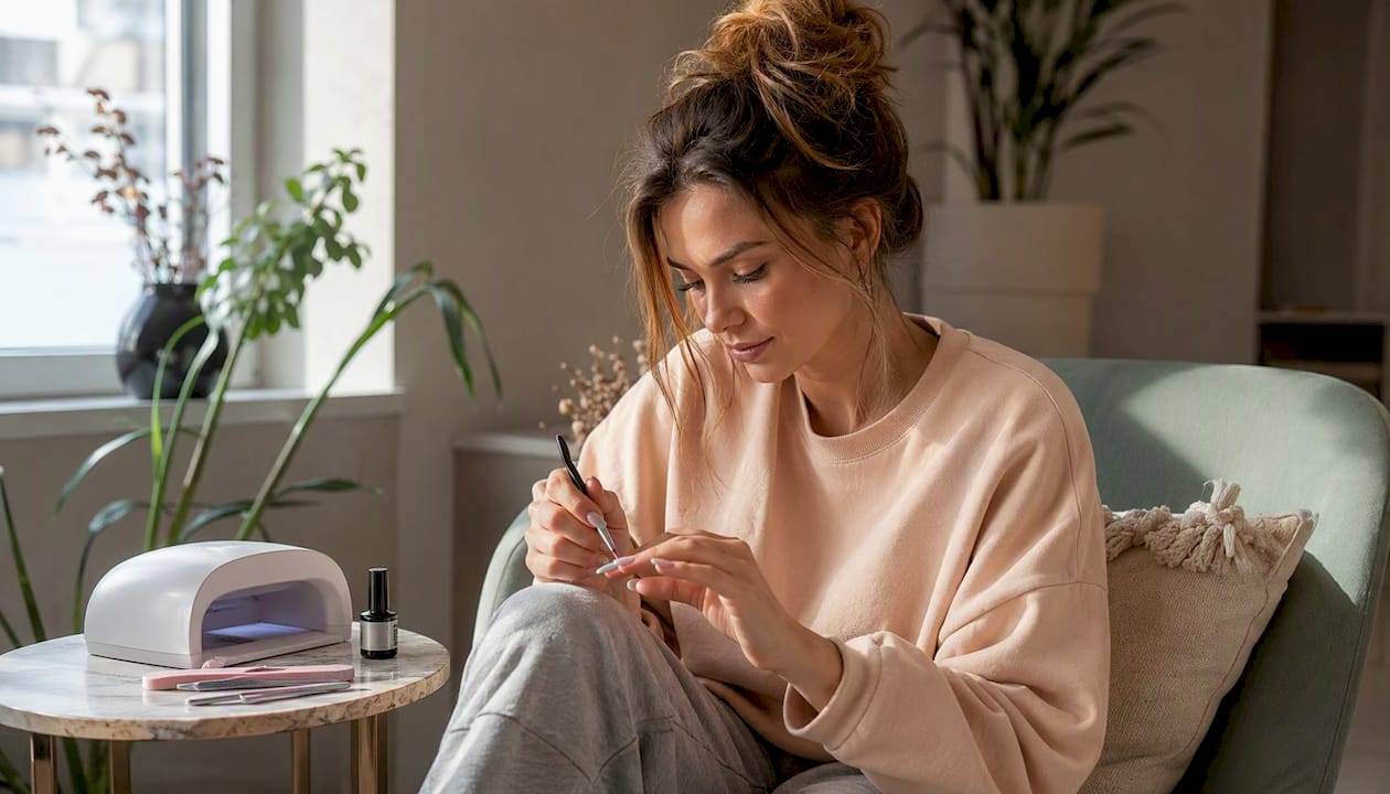 Een vrouw geeft zichzelf thuis een French manicure met gellak.