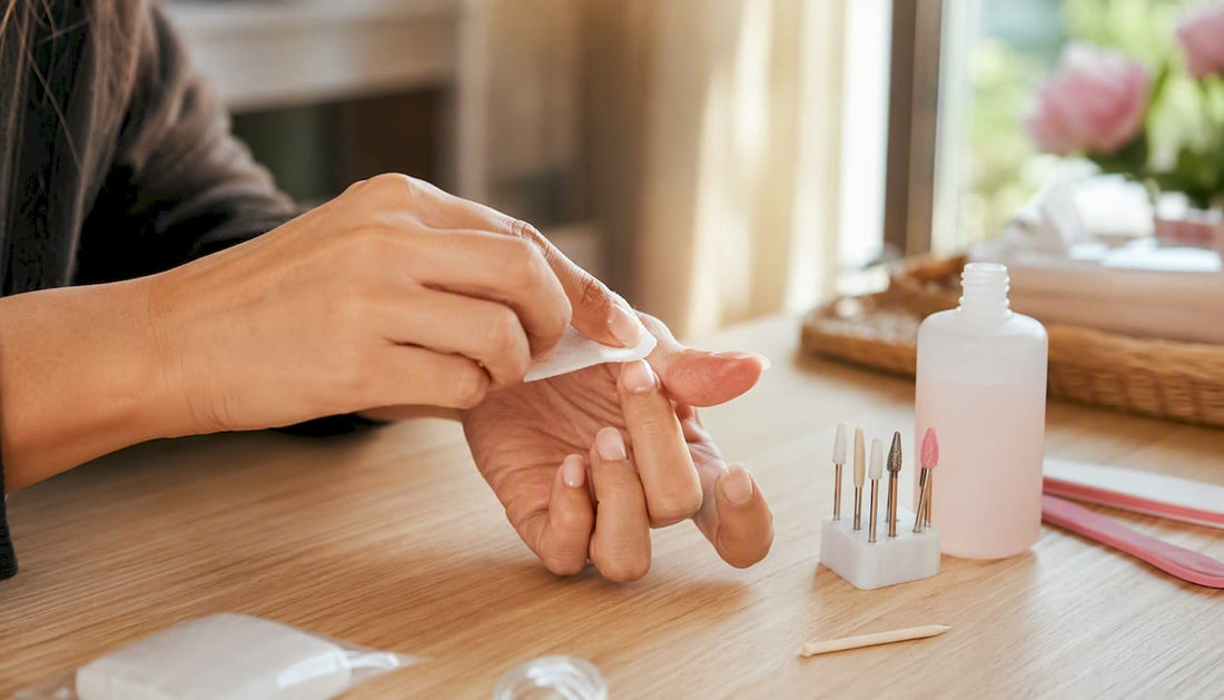 Handen die de plakkerige laag van gelnagellak afnemen