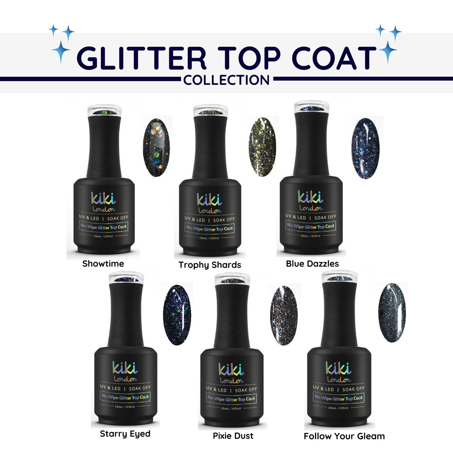 No Wipe Glitter Top Coat 15ml 6stks - Kiki London Benelux